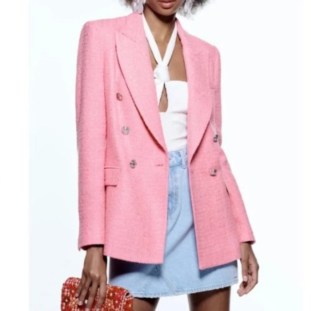Zara Pink Double Breasted Textured Blazer Jacket  Size XS - Picture 12 of 14